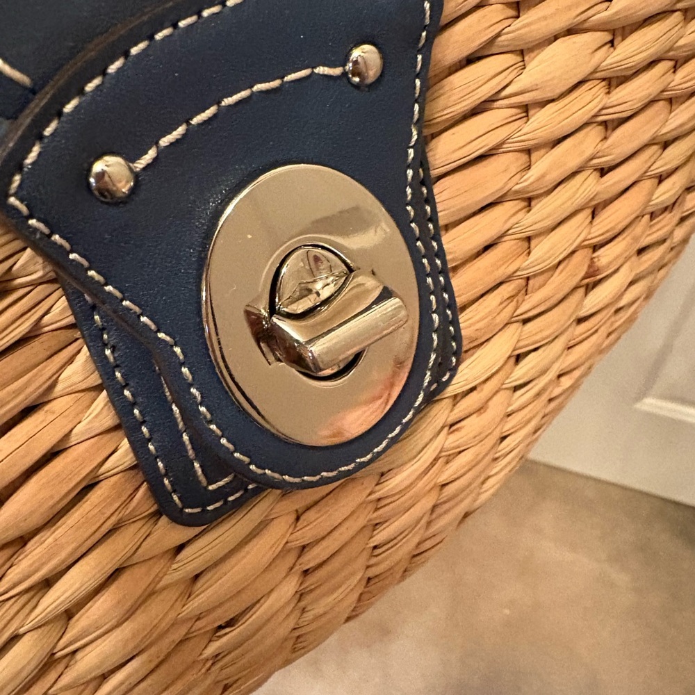 Woven Straw Tote with Navy Leather Trim - Picture 5 of 11